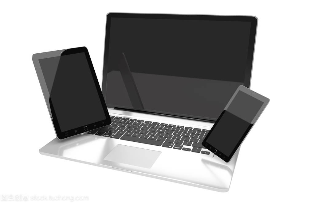 筆記本電腦、移動手機與平板電腦的互聯科技 3D渲染視角